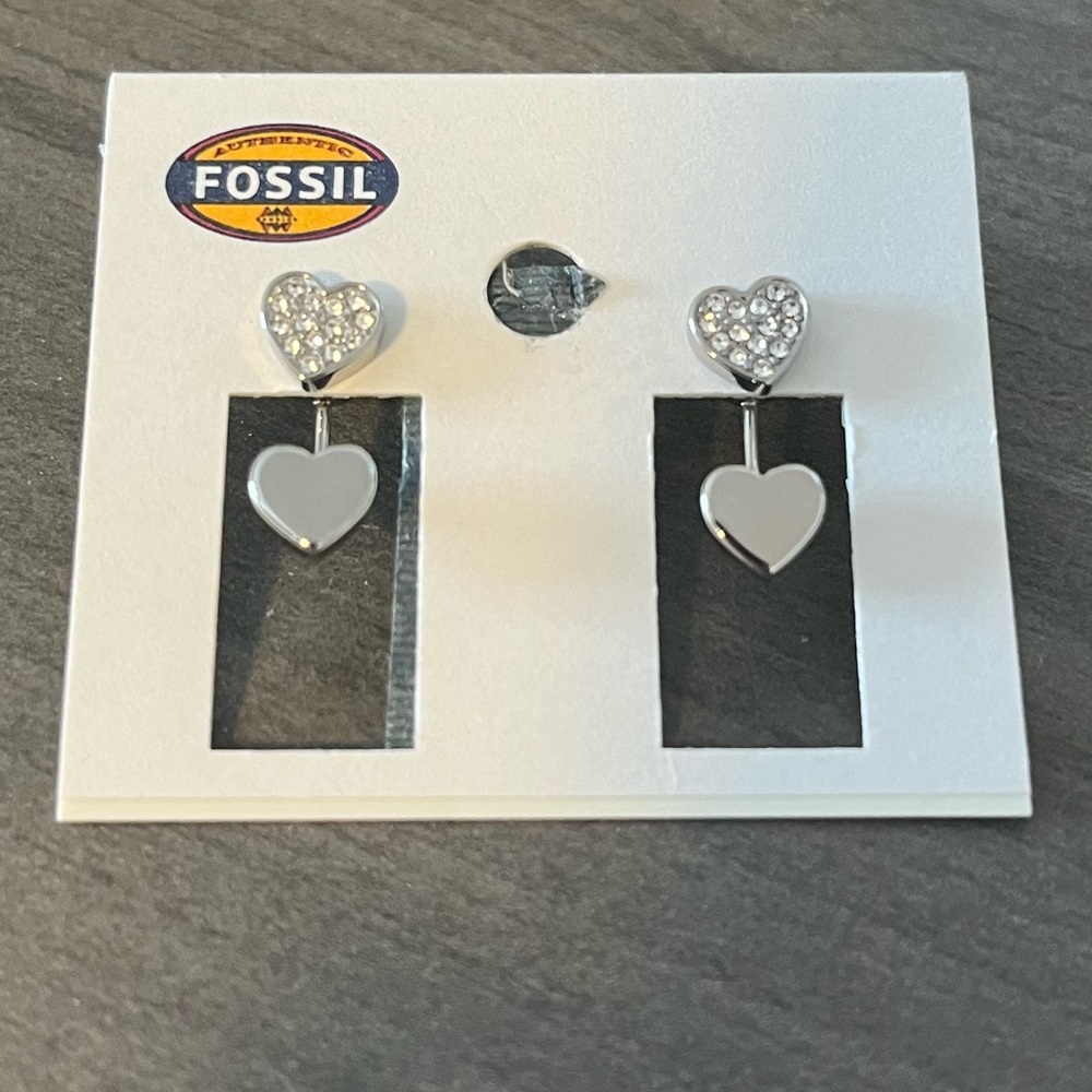 Fossil Heart Shaped Crystal Studded Silver Ear Jacket Earrings